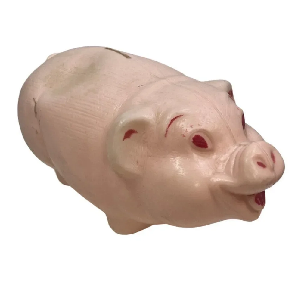 Vintage Lightweight Child's Pink Thin Plastic Happy Hollow Pig Piggy Bank